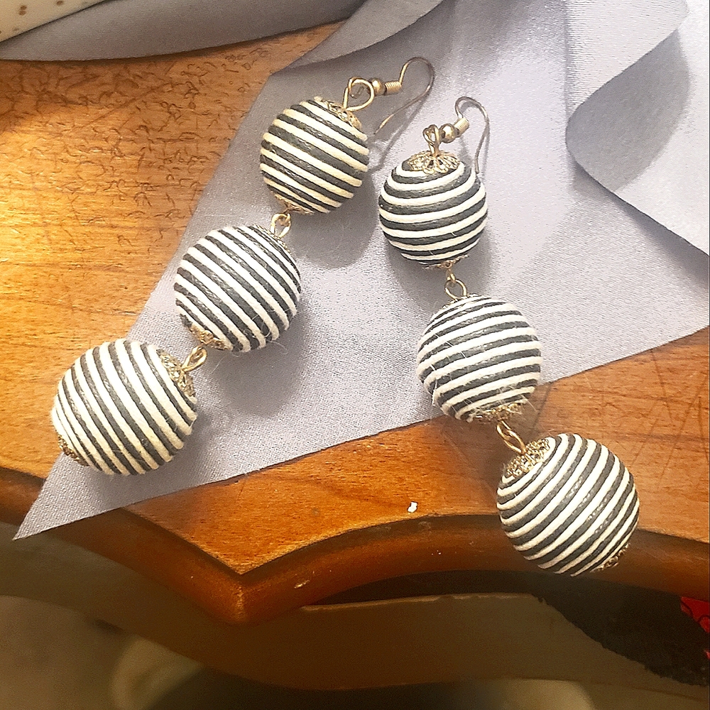 Fabric black&white striped ball bead drop earrings